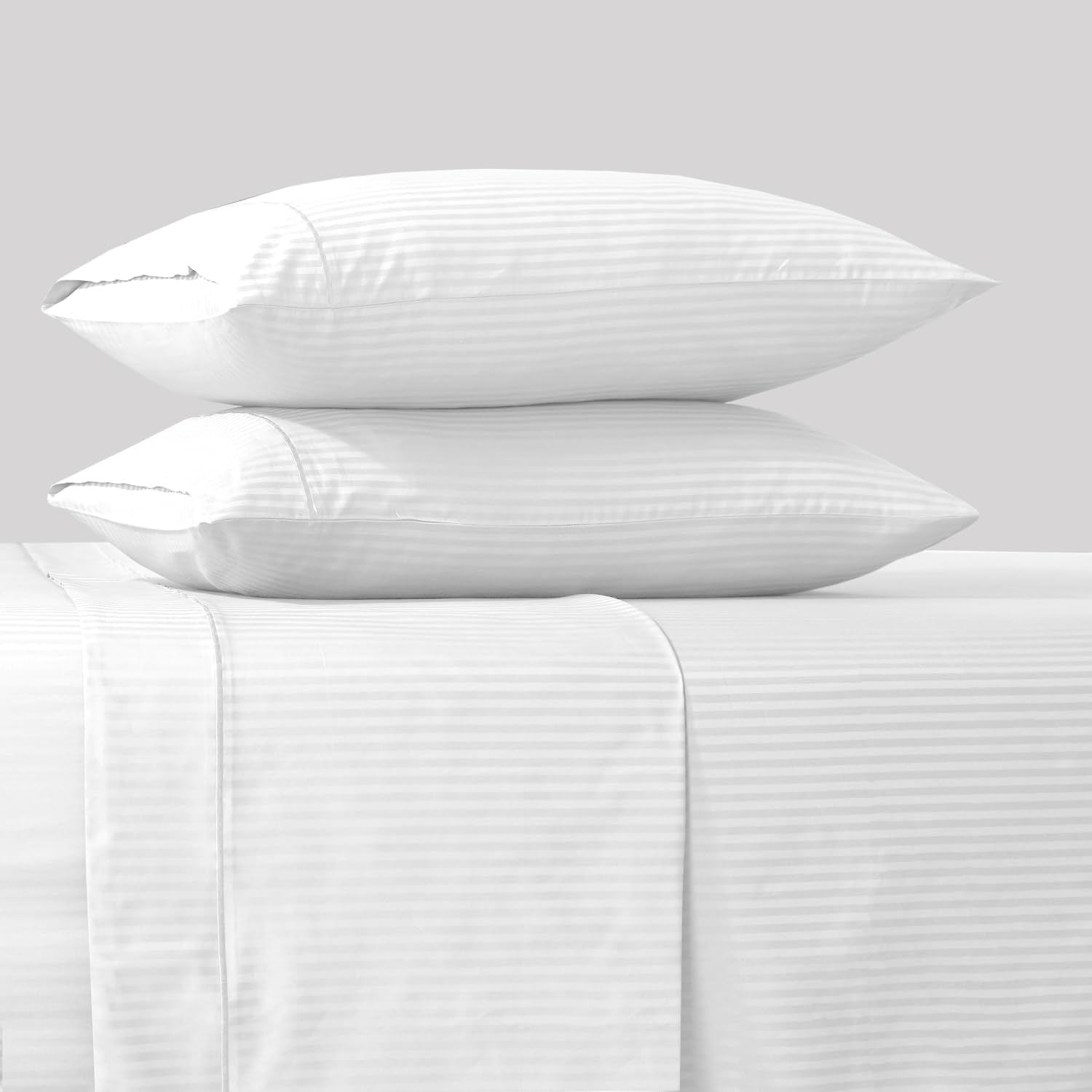 Feather & Stitch 500 TC Split King Size Damask Bed Sheet Set, 100% Cotton Soft Breathable Bedsheets, 5 Piece 18" Deep Pockets Sateen Weave Striped Bedding Mattress Resort Hotel - (White Stripe)