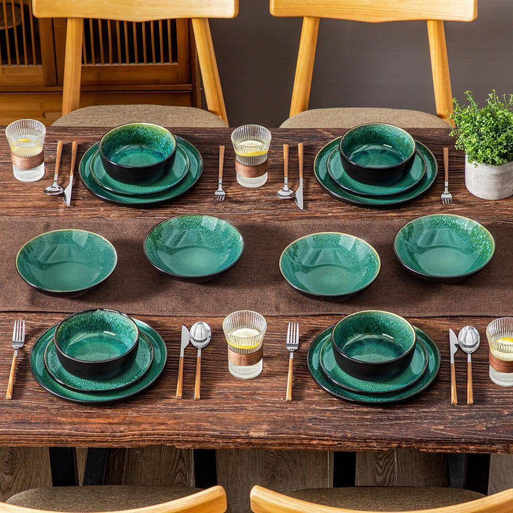 16-Piece Green and Black Stoneware Dinnerware Set Service for 4 Tableware Bowls and Plates Dining Set Dishware Set