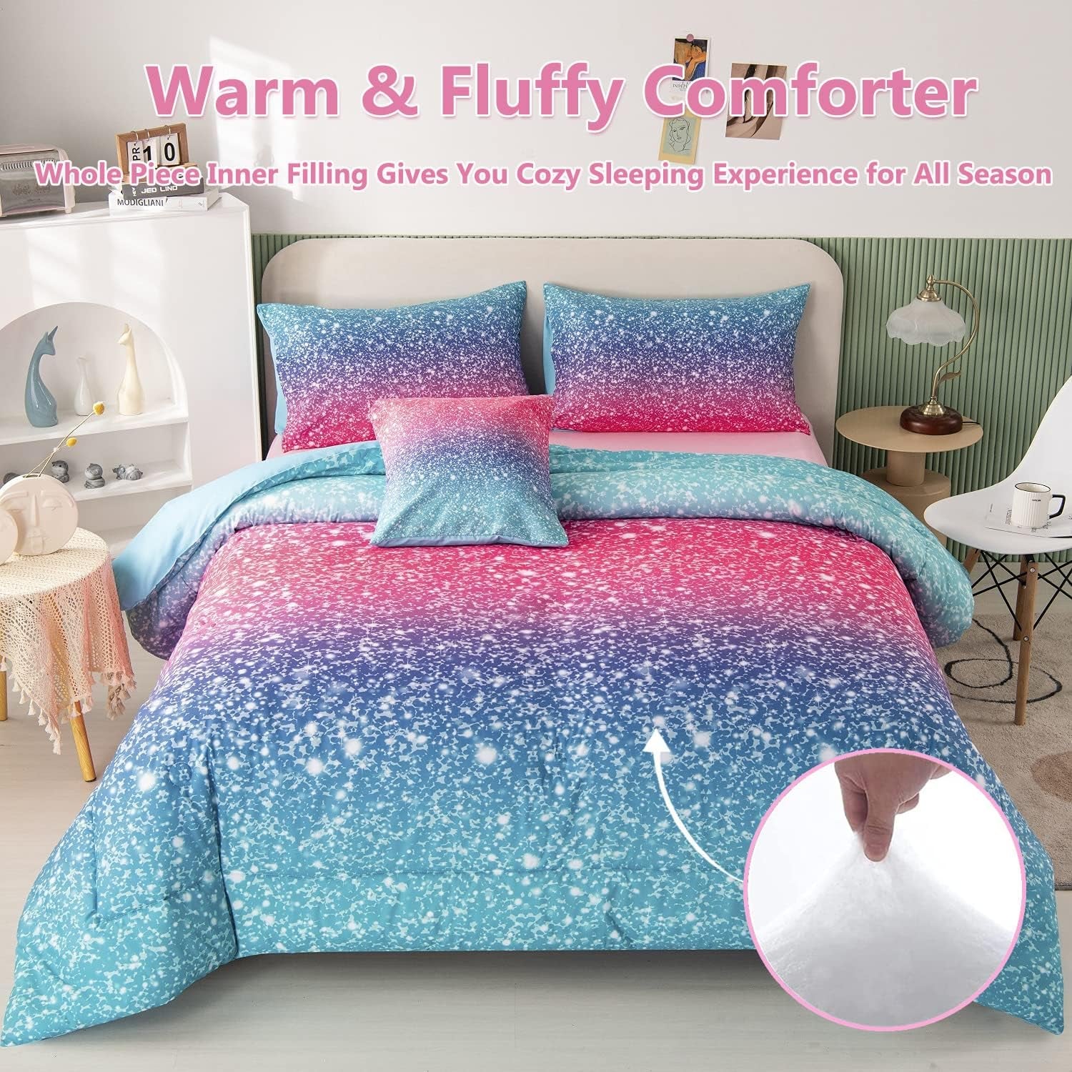 Girls Twin Size 6 Piece Bed in a Bag 3D Colorful Rainbow Bedding Comforter Sheet Set for Kids - (1 Comforter, 1 Flat Sheet, 1 Fitted Sheet, 2 Pillowcases, 1 Cushion Cover)