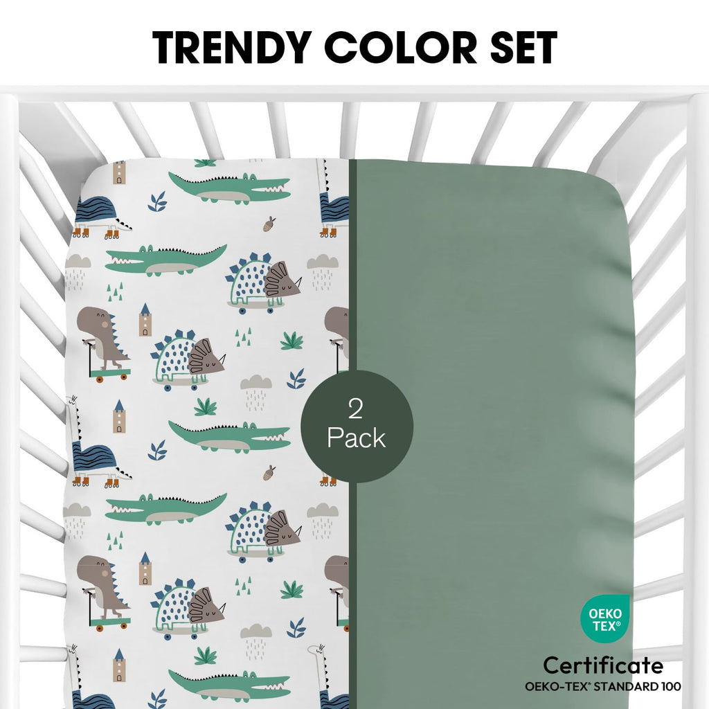 Crib Sheets for Girls and Boys, 2Pk Baby Crib Fitted Sheet for Standard Size Crib and Toddler Mattress, Super Soft Baby Sheet, Green Dinosaur