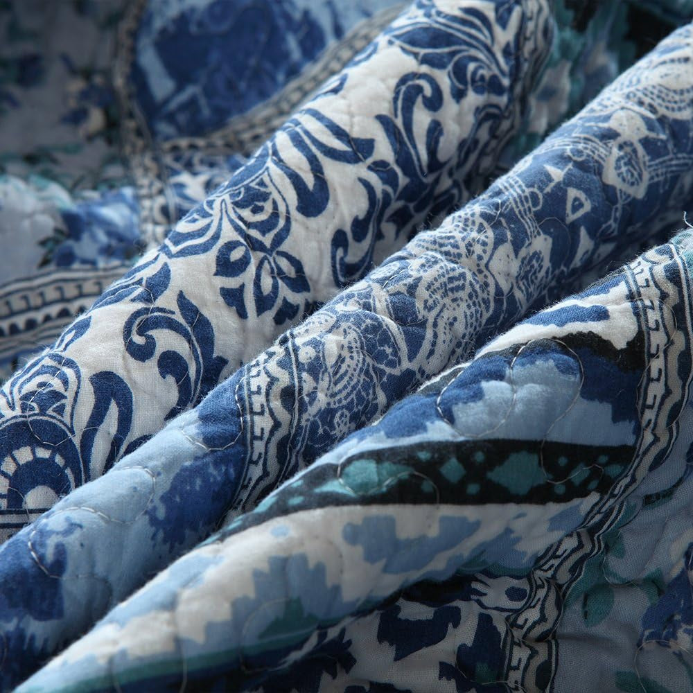 Cotton Bedspread Quilt Sets-Reversible Patchwork Coverlet Set, Blue Classic Bohemian Pattern,Twin Size