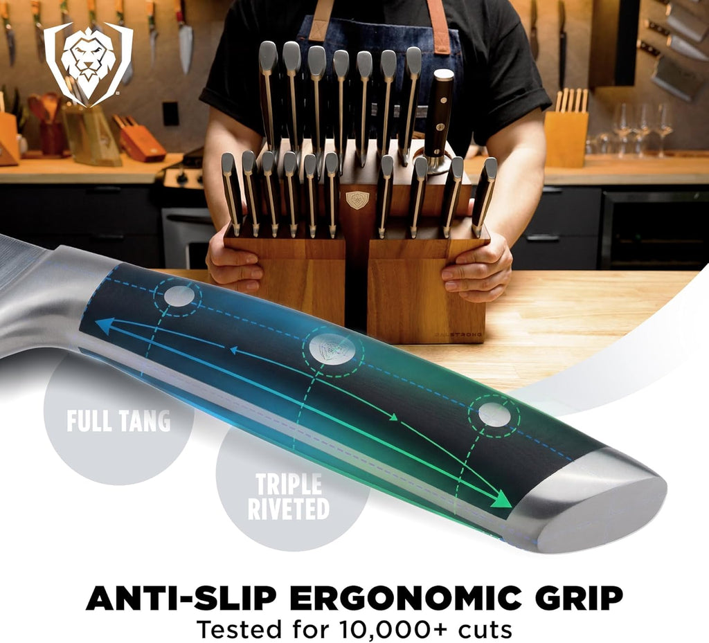 18-Piece Kitchen Knife Set Block - High Carbon German Steel Full Tang - Acacia Wood Knife Block Set - Black Handles ABS Gladiator Series - Professional NSF Knives Set for Kitchen Cuchillos