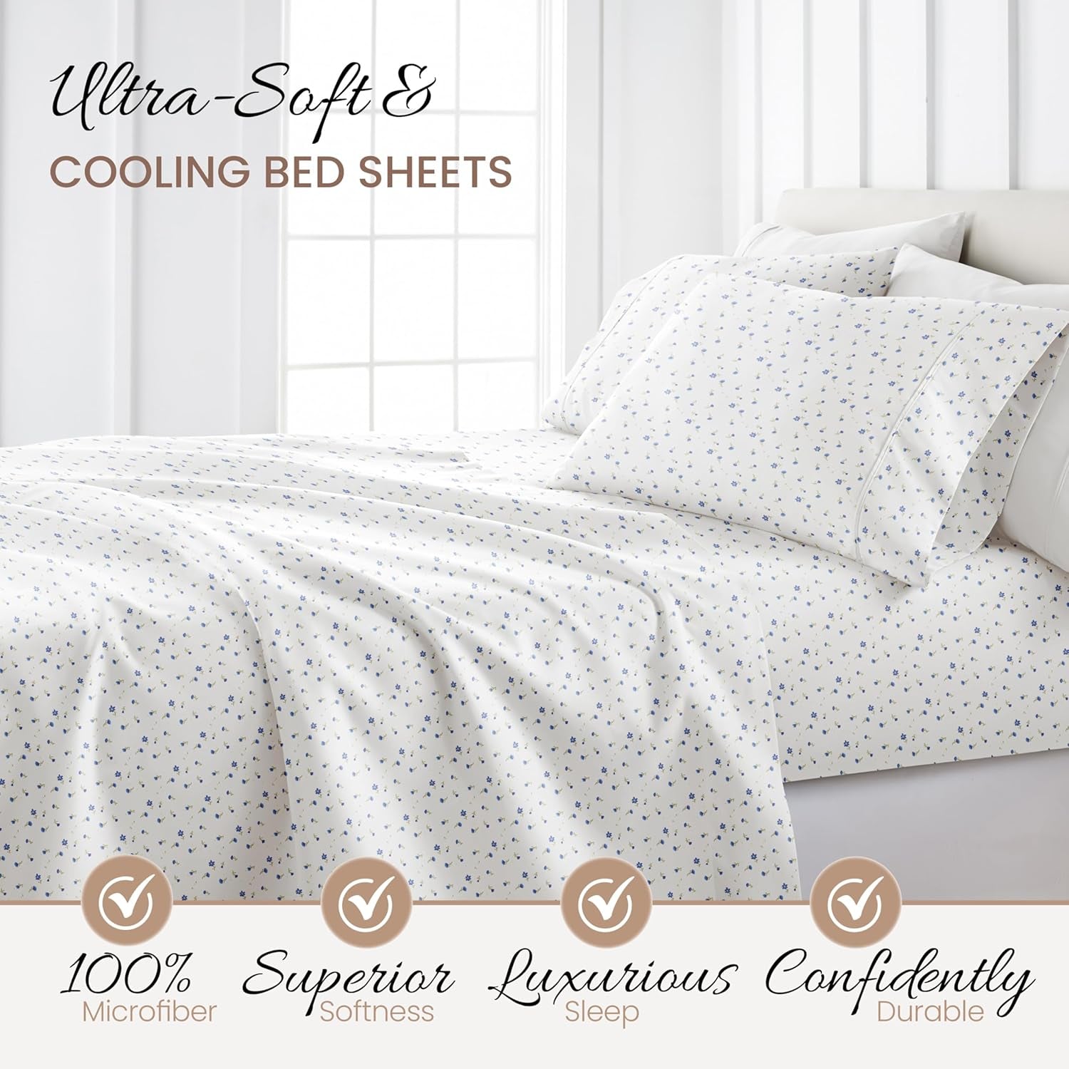 Double-Brushed Patterned Microfiber Queen Sheet Set 4 Piece – Oeko-Tex Certified Ultra Soft & Wrinkle-Free - 16" Deep Pocket Sheets - Easy Care Queen Size - Soft Floral Light Blue