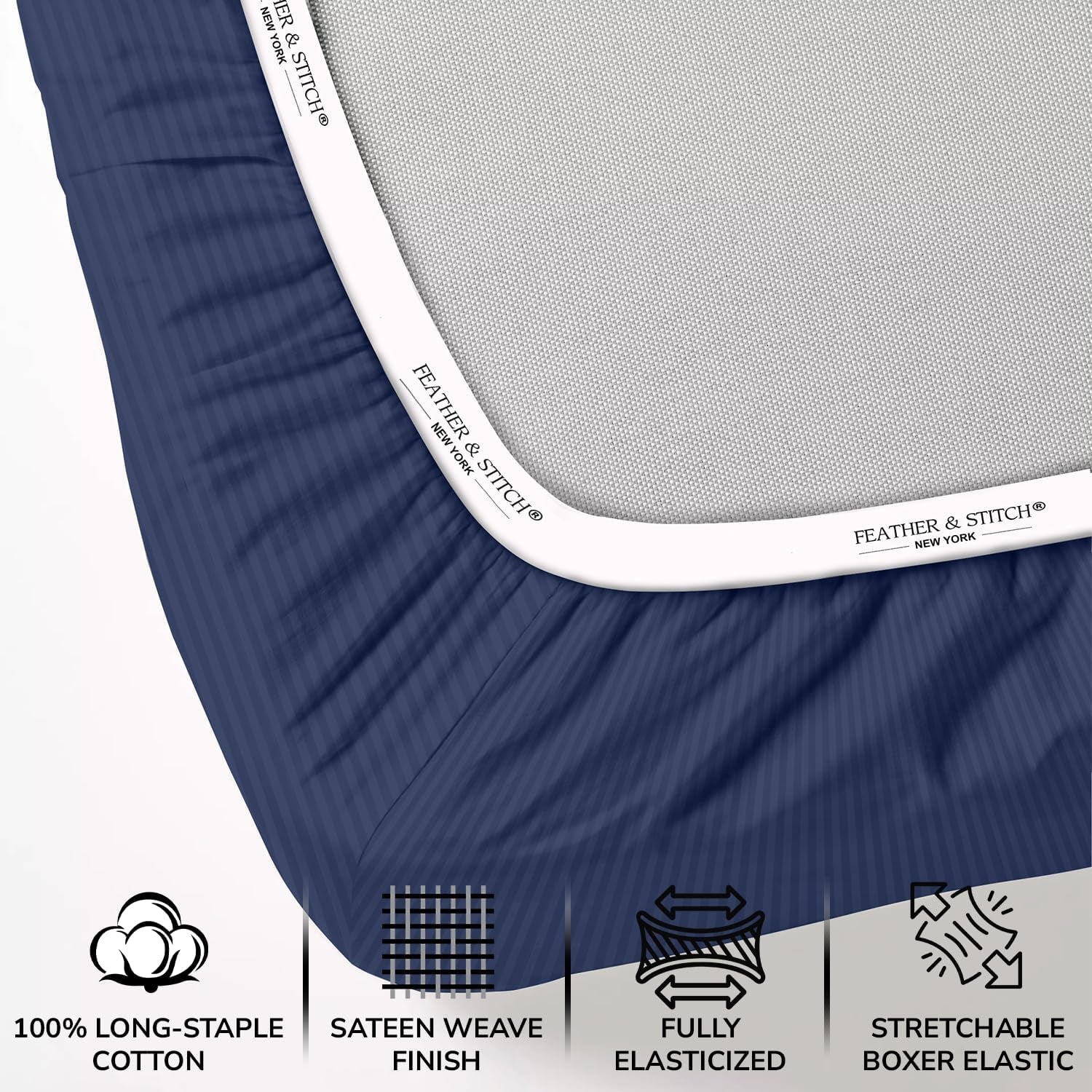 Feather & Stitch 500 TC California King Size Bed Sheet Set, 100% Cotton Soft Breathable Bedsheets, 4 Piece 18" Deep Pockets Sateen Weave Striped Bedding Mattress Resort Hotel - (Dark Blue Stripe)