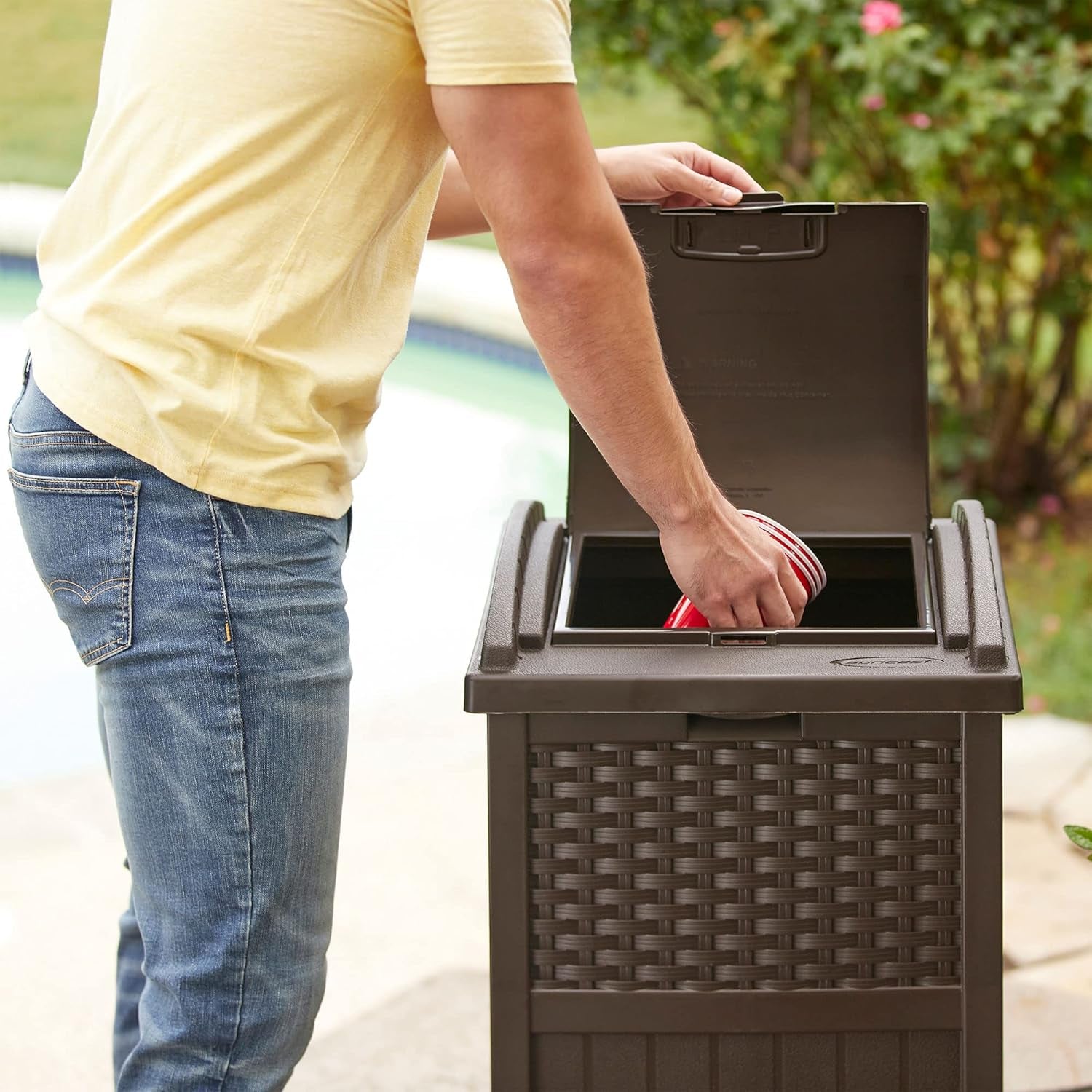 33 Gallon Commercial Outdoor Trashcan Hideaway with Lid for 30 to 33 Gallon Trash Bags for Garage, Backyard, or Garden, Brown