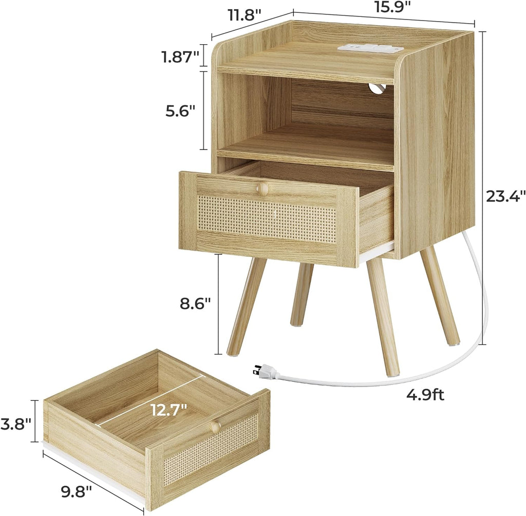 Nightstands Set of 2, Night Stands with Charging Station & PE Rattan Decor Drawer, Bed Side Tables with Solid Wood Feet, End Table, for Bedroom, Living Room - Natural