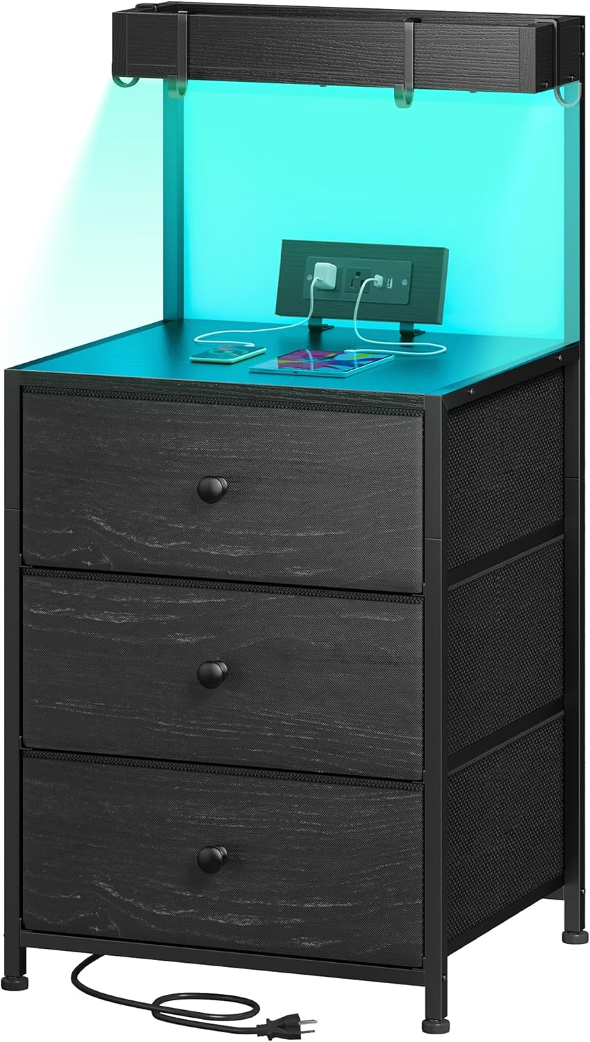 Nightstand with Charging Station and Led Night Stand with 3 Drawers, Bedside Table with Drawers and Outlets, Dorm Nightstand for Bedroom,Entryway, Hallway, Closet, 4 Hooks, Black