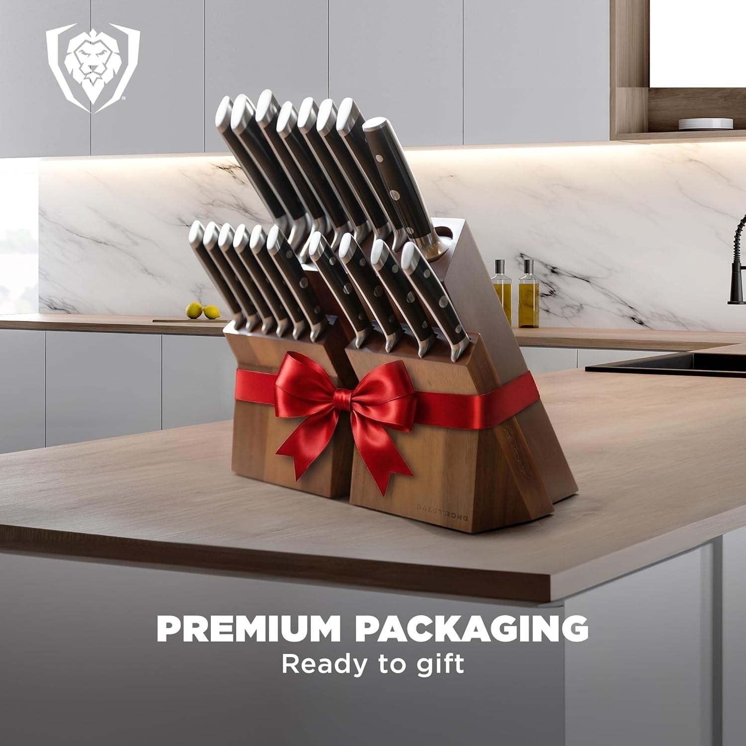 18-Piece Kitchen Knife Set Block - High Carbon German Steel Full Tang - Acacia Wood Knife Block Set - Black Handles ABS Gladiator Series - Professional NSF Knives Set for Kitchen Cuchillos