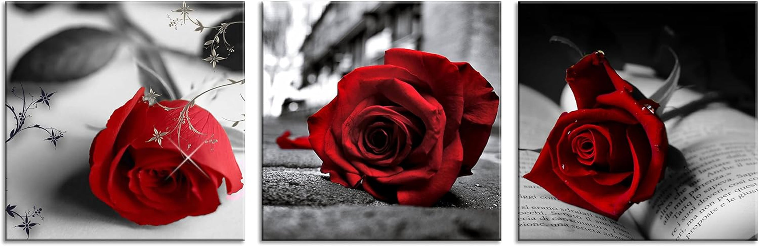 3 Pcs Red Rose Canvas Art Black and White Red Wall Art Flower Picture Prints Stretched and Framed Triptych 12"X12" Floral Decor Canvas Art for Home Decor Living Room Bedroom