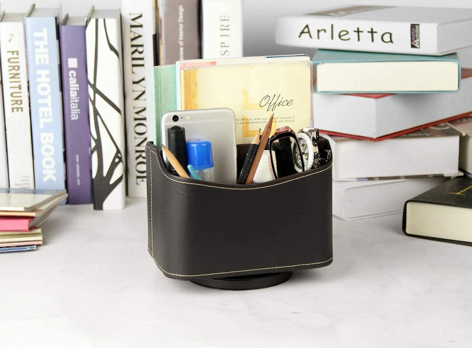 Spinning Remote Control Holder, Remote Controller Holder, Remote Caddy, Media Storage Organizer, Spinning Remote Control Organizer, 7.3X 5.5 X 6 Inches, Brown PU Leather