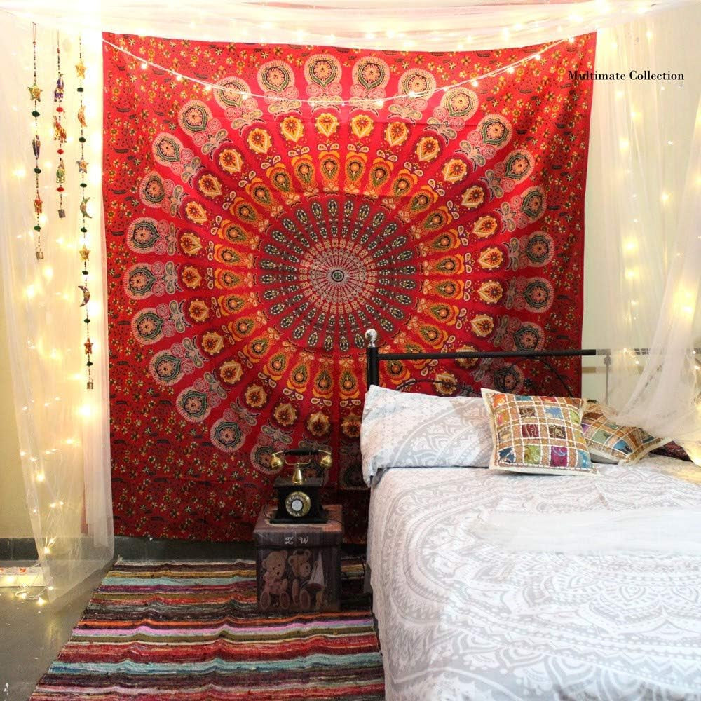 Tapestry Wall Hanging Hippie Mandala Bohemian Hippy Psychedelic Design Indian Tapestries Bedspread 84 X 90 Inches (215Cm X 230Cm) Red Yellow