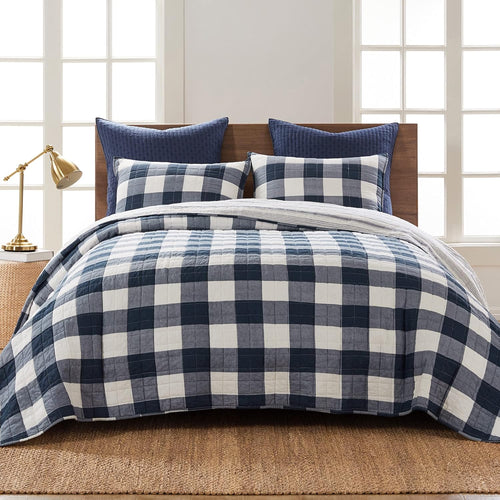 - Camden Bedspread Set - Queen Bedspread (110 X 118 In.) + Two Standard Pillow Shams (26 X 20 In.) - Buffalo Check in Navy and Cream - Reversible Pattern - Cotton