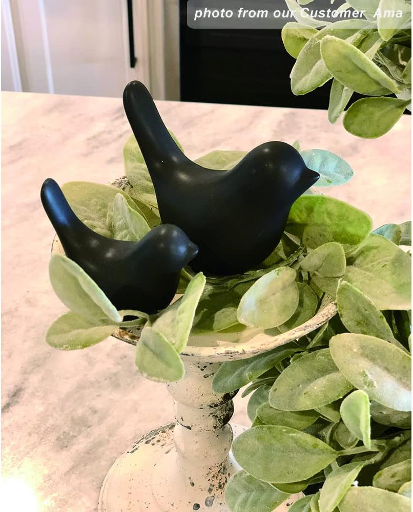 Small Satues Ceramic Black Birds Decor for Shelf Living Room Table Figurine Garden Cottage 2Pcs