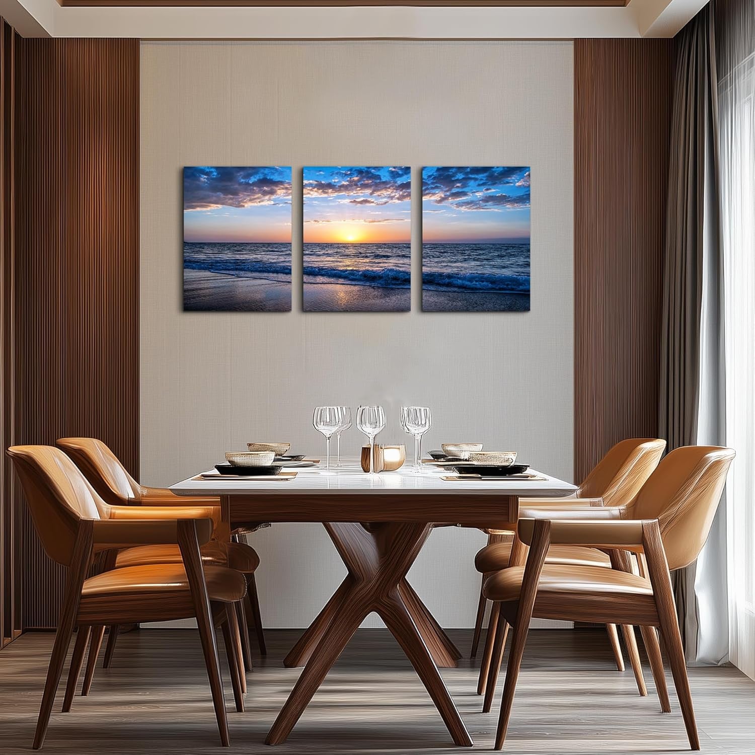 Set of 3 Wall Art Canvas Prints, Beach Sunrise Sunset Pictures Wall Decor Ocean Waves Nature Seascape Poster Coastal Landscape Painting for Living Room, Bedroom, Office Home Decor