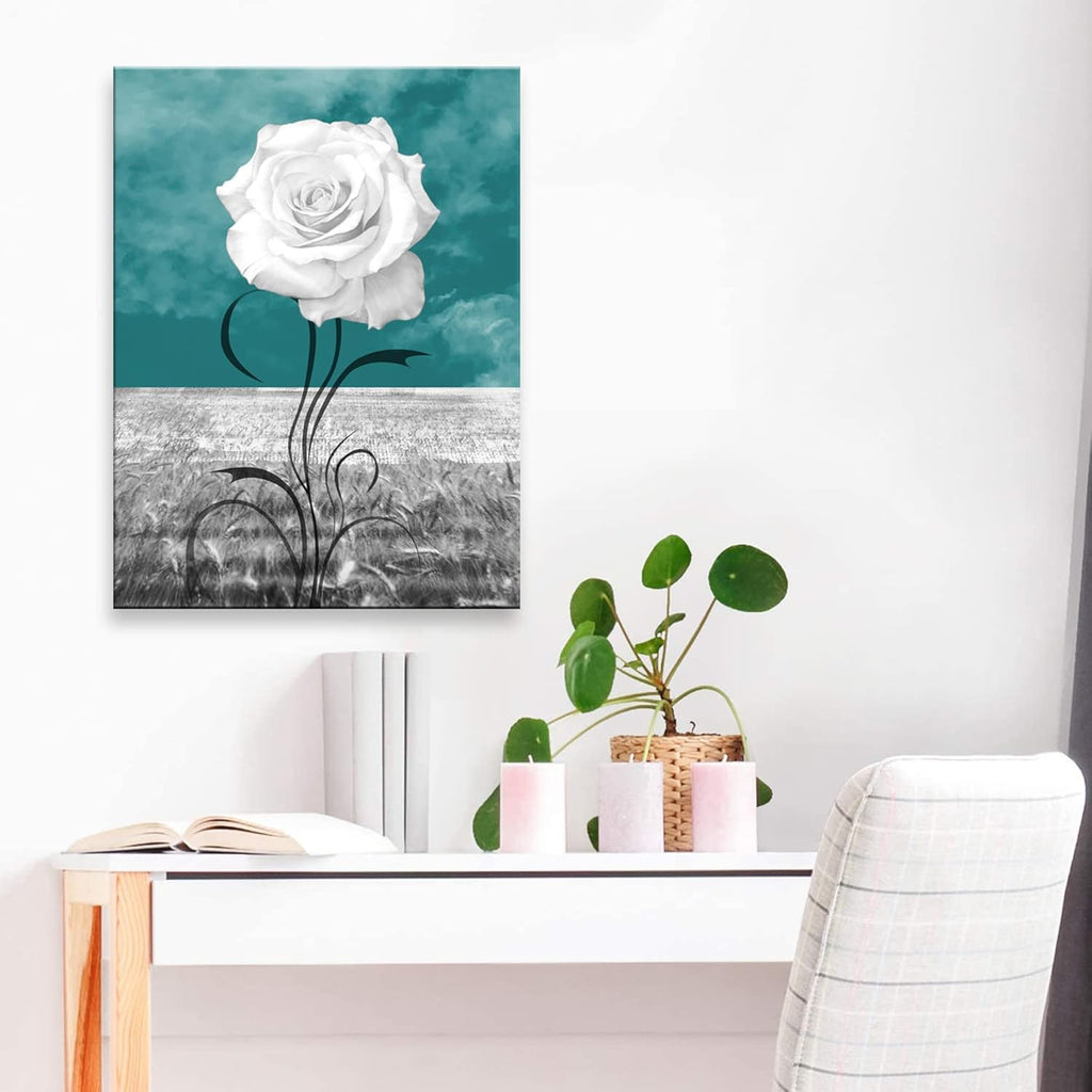 Wall Art Elegant White Flower Canvas Print White Rose Wall Art Abstract Art 1 Panel Picture for Bathroom Wall Decor Painting Wood Frame Stretched Easy to Hang (Rosewhite-12 * 16 * 1)