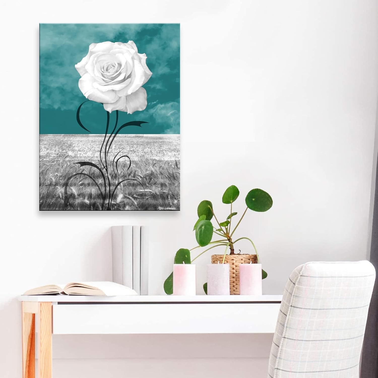 Wall Art Elegant White Flower Canvas Print White Rose Wall Art Abstract Art 1 Panel Picture for Bathroom Wall Decor Painting Wood Frame Stretched Easy to Hang (Rosewhite-12 * 16 * 1)
