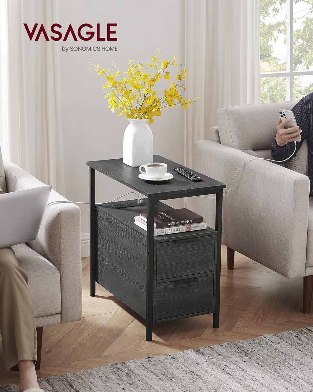 Side End Table with Charging Station, Slim Nightstand with 2 Drawers, Narrow Bedside Table for Living Room, Small Spaces, Charcoal Gray and Ink Black ULET321B22
