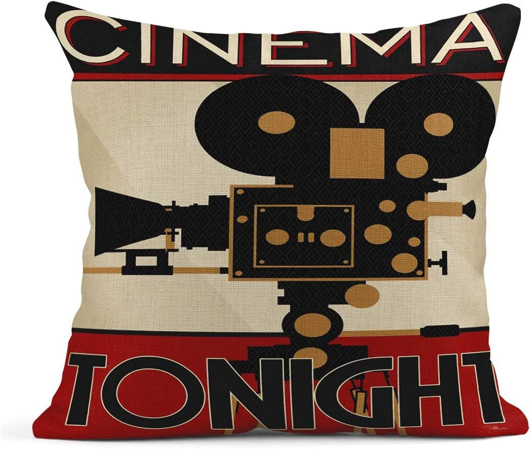 Set of 4 Linen Throw Pillow Covers Vintage Cinema Movie Theater Fresh Popcorn Projector Admit One Decorative Pillow Cases Home Decor Square 18X18 Inches Pillowcases