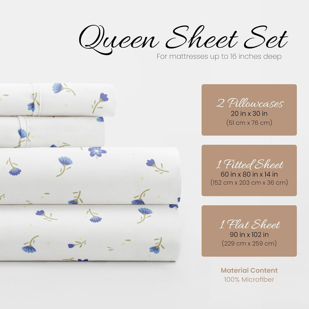 Double-Brushed Patterned Microfiber Queen Sheet Set 4 Piece – Oeko-Tex Certified Ultra Soft & Wrinkle-Free - 16" Deep Pocket Sheets - Easy Care Queen Size - Soft Floral Light Blue