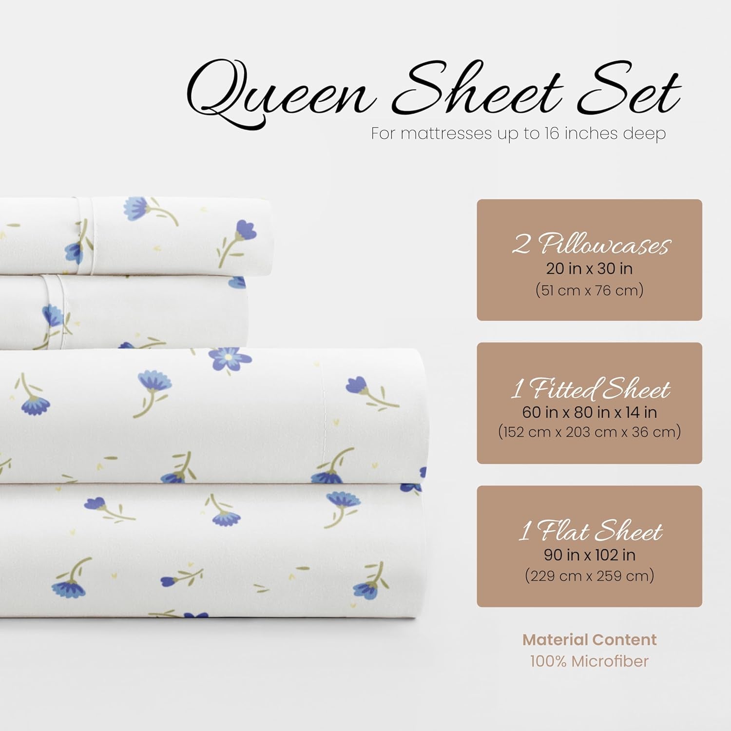 Double-Brushed Patterned Microfiber Queen Sheet Set 4 Piece – Oeko-Tex Certified Ultra Soft & Wrinkle-Free - 16" Deep Pocket Sheets - Easy Care Queen Size - Soft Floral Light Blue