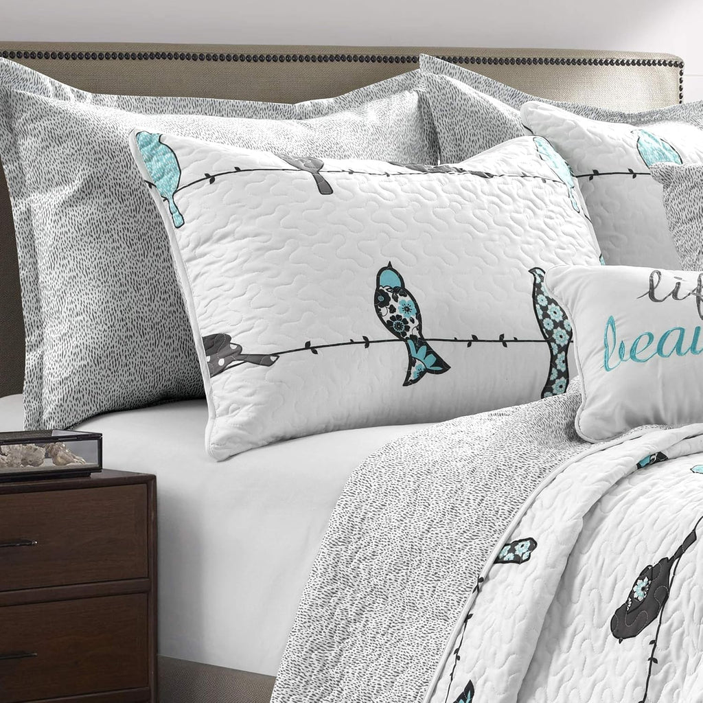 Rowley Birds Quilt Set, 7 Piece Set, Full/ Queen, Blue & Gray - Reversible Bird Bedding Set with Pillow Cases & Throw Pillows - Colorful, Whimsical, & Playful Floral Bird Print