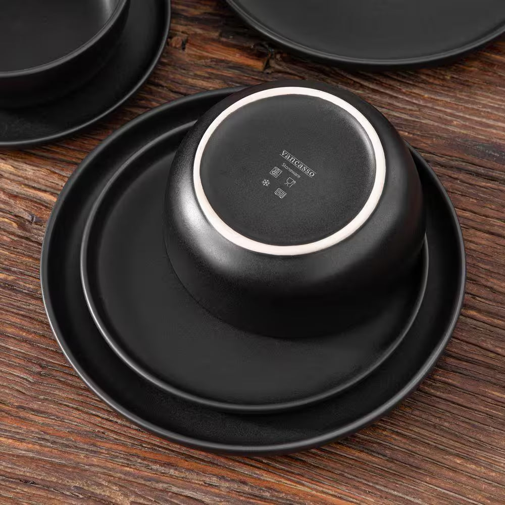 18-Piece Matte Black Stoneware Dinnerware Set Service for 6 Tableware Dinner Plates Dessert Plates Cereal Bowls