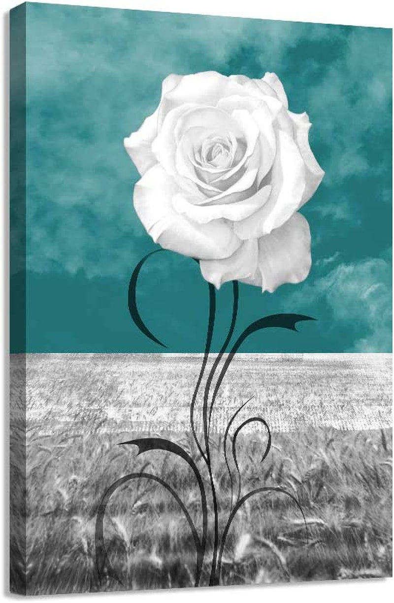 Wall Art Elegant White Flower Canvas Print White Rose Wall Art Abstract Art 1 Panel Picture for Bathroom Wall Decor Painting Wood Frame Stretched Easy to Hang (Rosewhite-12 * 16 * 1)