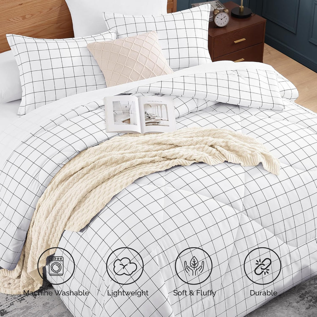 White Grid Comforter Set Queen Size (90X90 Inch), 3 Pieces(1 Grid Comforter and 2 Pillowcases), Summer Lightweight Microfiber down Alternative White Comforter with Black Lines