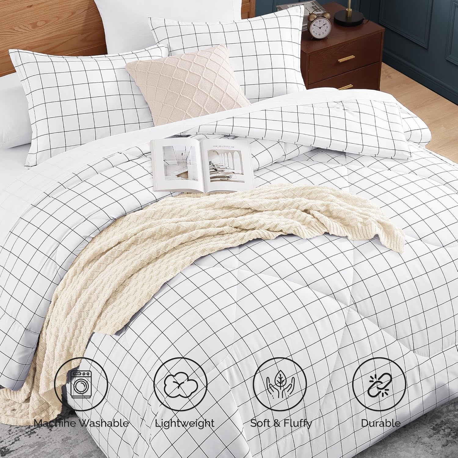 White Grid Comforter Set Queen Size (90X90 Inch), 3 Pieces(1 Grid Comforter and 2 Pillowcases), Summer Lightweight Microfiber down Alternative White Comforter with Black Lines
