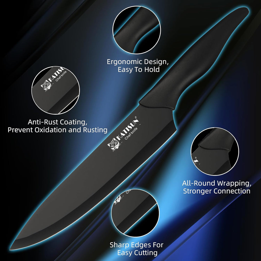 16 Pieces Kitchen Knife Block Set with Cutting Board, German Stainless Steel Knife Set with Sharpener, Dishwasher Safe, Anti-Slip Handle, 6 Steak Knives, Black