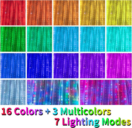 16 Colors Changing Curtain Lights - 250 LED 9.8 X 8.8 FT Fairy String, 7 Modes Twinkle with Remote, Backdrop Wall Hanging Dripping for Bedroom Backyard Halloween Christmas Decor
