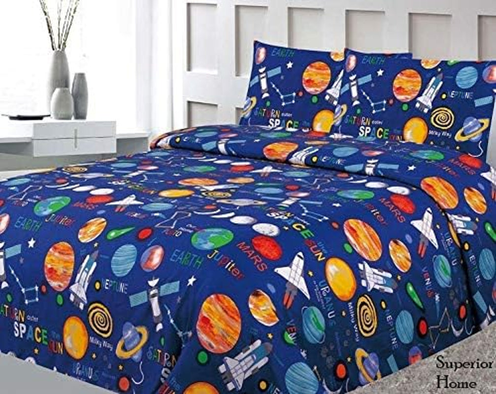 3 Piece Space Themed Twin Bed Sheets for Kids - Fitted Toddler Kids' Sheet & Pillowcase Sets - Planets, Solar System Bedroom Kit - Twin Size