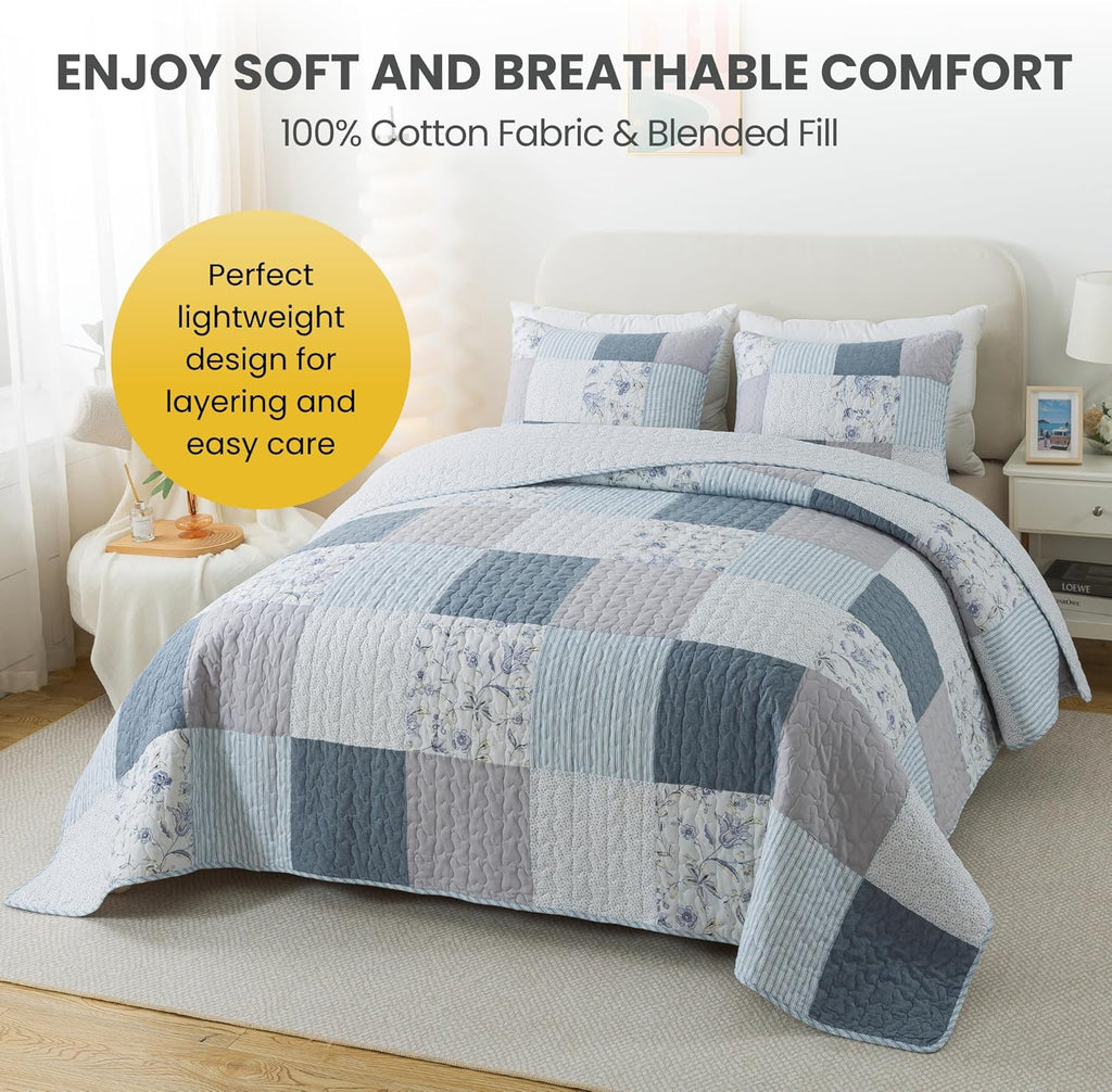 Coastal Dream Cotton Pieced Quilt Set - Twin Size with 1 Sham, Soft Purple & Blue Patchwork Quilted Bedspread, Farmhouse Country Style Bedding for All Seasons
