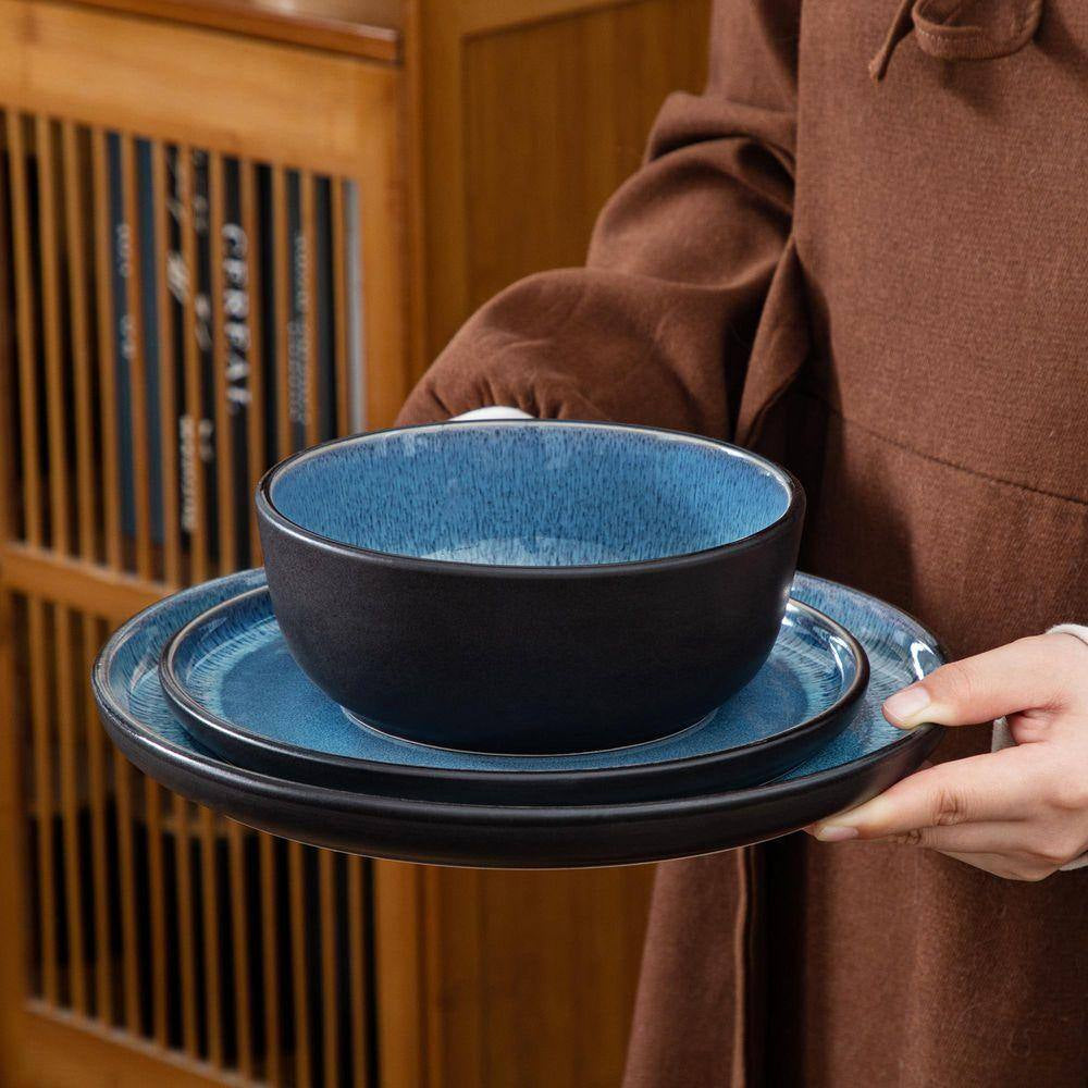 18-Piece Blue and Black Stoneware Dinnerware Set Service for 6 with Dinner Plates Dessert Plates and Cereal Bowls