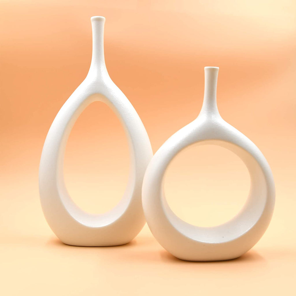 10" White Ceramic Vase for Modern Living Room, Bedroom, Kitchen Decor - Decorative Flower Vase