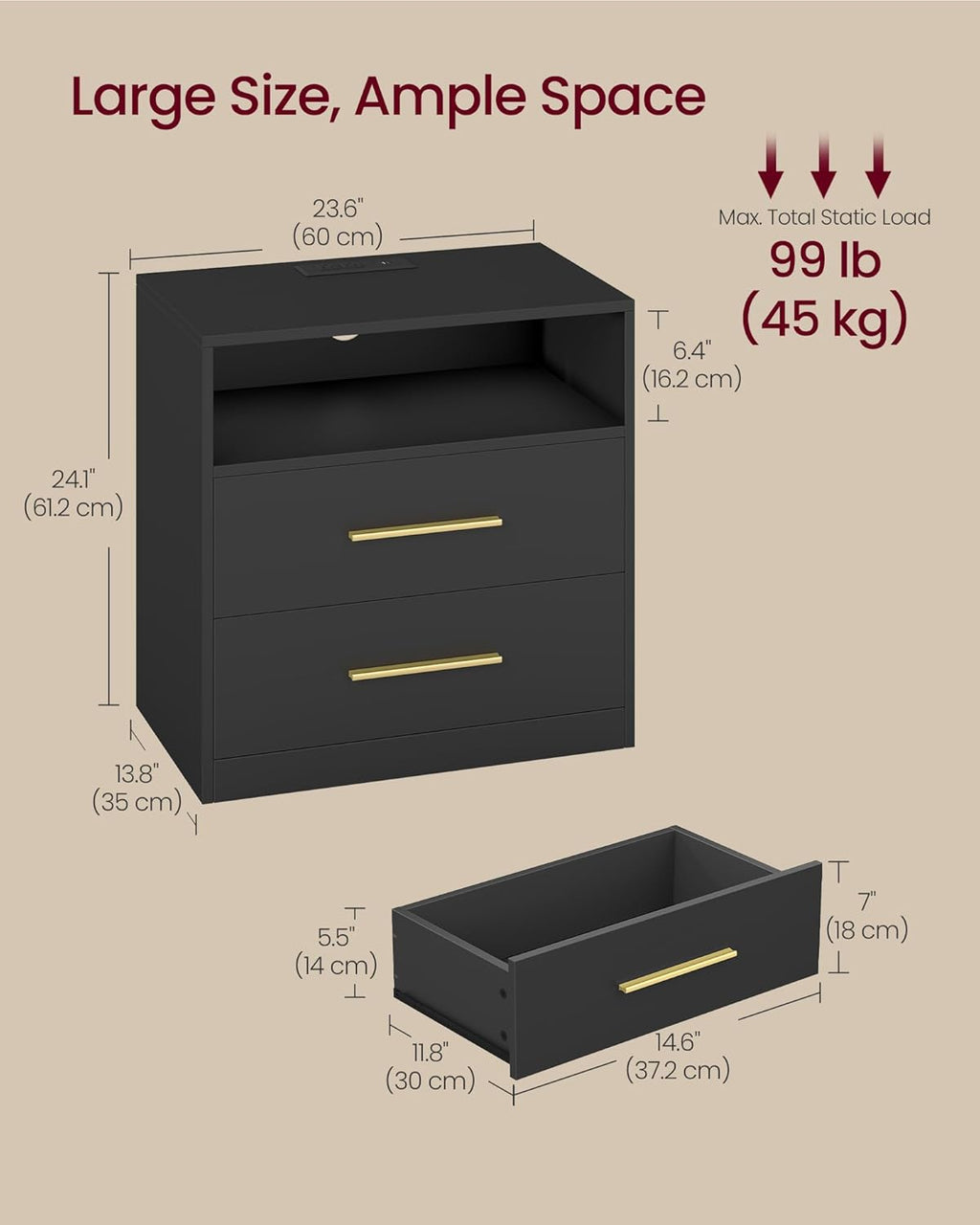 Custos Collection - Set of 2, 23.6 Inch Wide Nightstands with Charging Station, LED Lights, Modern Night Stands, Side End Tables with Drawers, Open Shelf, 2 AC Outlets USB Ports, Ink Black