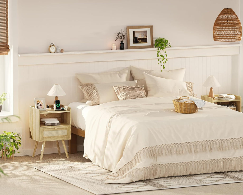 Nightstands Set of 2, Night Stands with Charging Station & PE Rattan Decor Drawer, Bed Side Tables with Solid Wood Feet, End Table, for Bedroom, Living Room - Natural