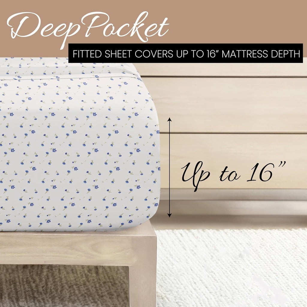 Double-Brushed Patterned Microfiber Queen Sheet Set 4 Piece – Oeko-Tex Certified Ultra Soft & Wrinkle-Free - 16" Deep Pocket Sheets - Easy Care Queen Size - Soft Floral Light Blue