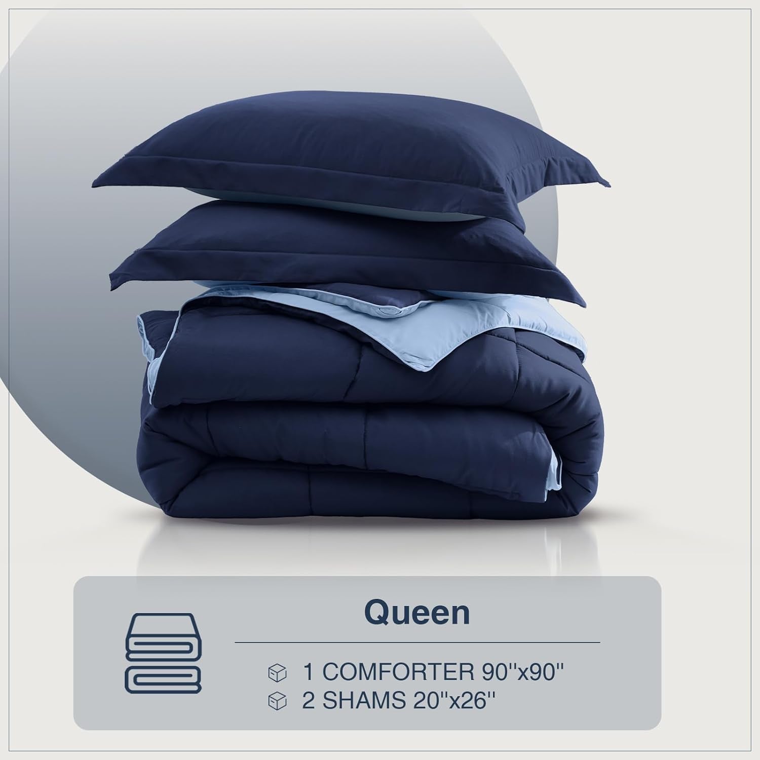 Queen Comforter Set, Navy Blue Bedding Comforters Queen Size, 3 Pieces down Alternative Bed Comforter Lightweight, Soft Quilted Bed Set Breathable, Reversible All Season Bedding Sets