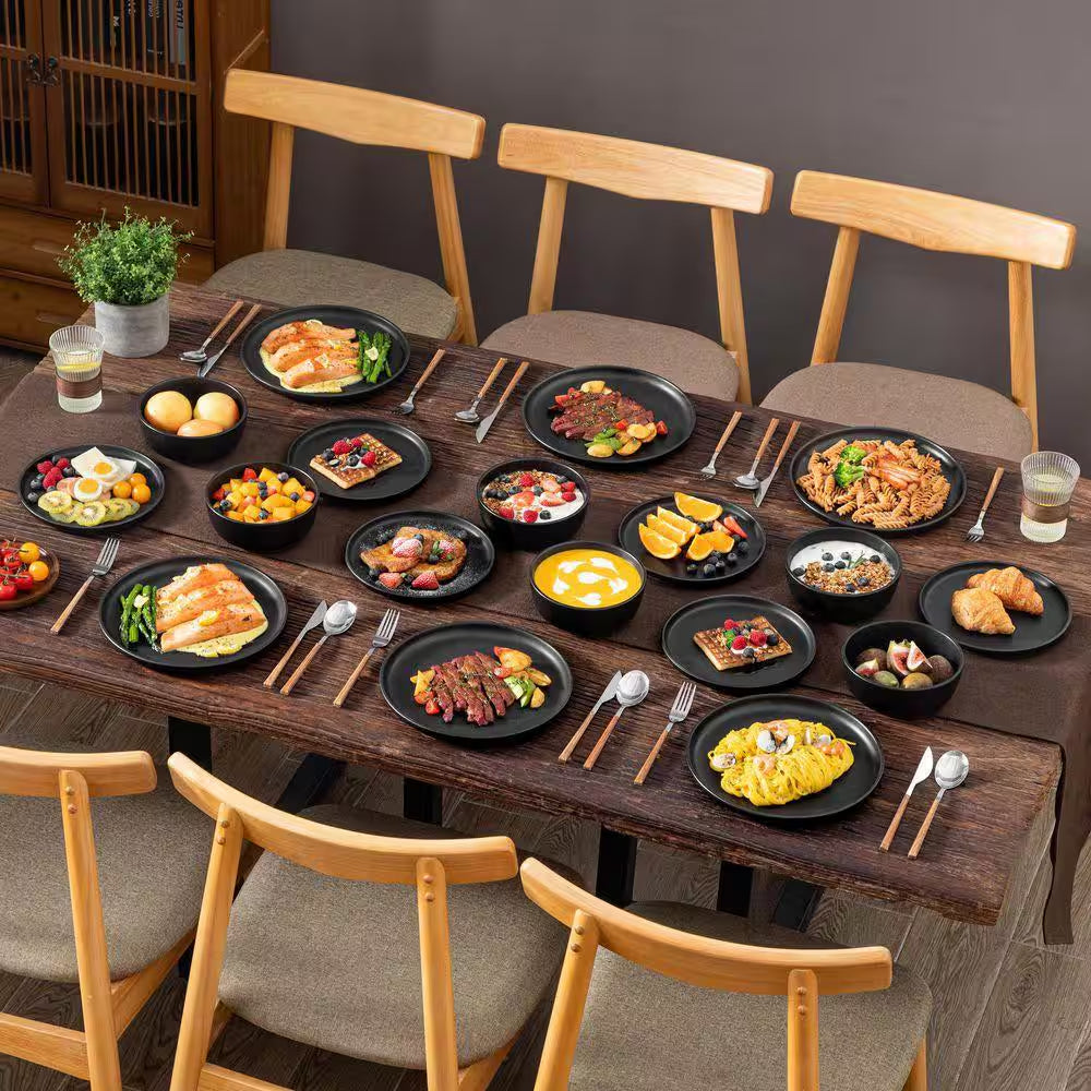 18-Piece Matte Black Stoneware Dinnerware Set Service for 6 Tableware Dinner Plates Dessert Plates Cereal Bowls