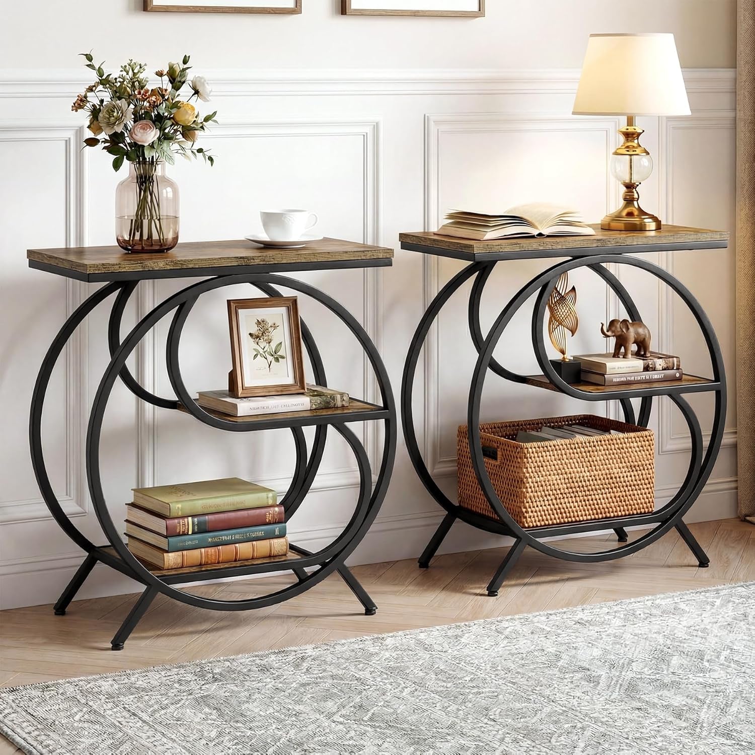 3-Tier End Table, Industrial Side Table for Living Room, Small Rectangle Nightstand for Bedroom (2PC, Rustic Brown & Black)