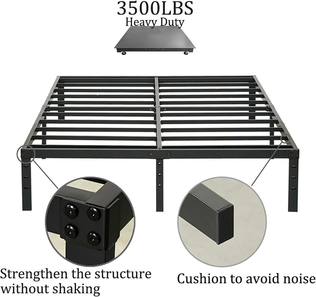 Queen Size Bed Frame 18 Inch Tall, 3500Lbs Heavy Duty Metal Platform with Steel Slats Support, No Box Spring Needed, 18-Inch Bedframe with Ample Storage, Sturdy and Noise-Free, Black