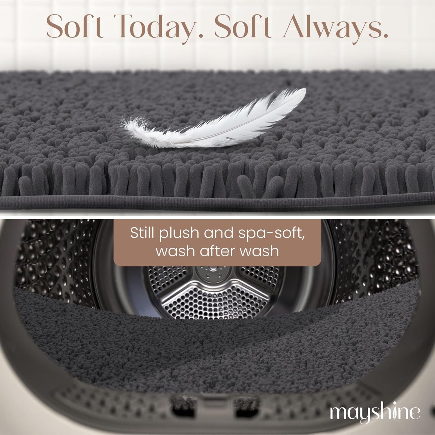 Plush Shaggy Chenille Bath Mat | Extra Soft, Super Absorbent, Non-Slip Bathroom Rug | Fluffy Microfiber, Area Rug Sets for Bathroom Floor, Kitchen, Living Room | 47"X27" | Charcoal Gray