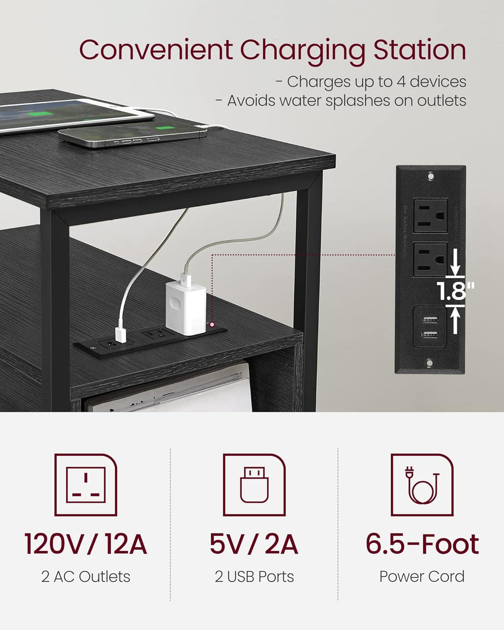 Side End Table with Charging Station, Slim Nightstand with 2 Drawers, Narrow Bedside Table for Living Room, Small Spaces, Charcoal Gray and Ink Black ULET321B22