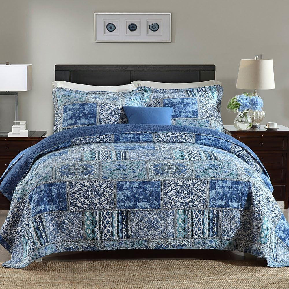 Cotton Bedspread Quilt Sets-Reversible Patchwork Coverlet Set, Blue Classic Bohemian Pattern,Twin Size