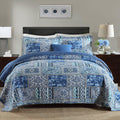 Cotton Bedspread Quilt Sets-Reversible Patchwork Coverlet Set, Blue Classic Bohemian Pattern,Twin Size