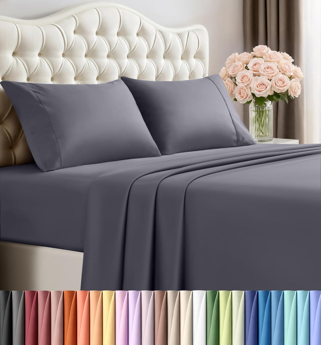 Queen Size Sheet Set – 4 Piece Bed Sheets, Soft and Breathable Microfiber, Includes 1 Fitted Sheet, 1 Flat Sheet and 2 Pillowcases – Oeko Tex (Grey)