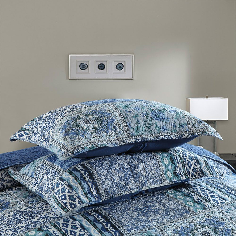 Cotton Bedspread Quilt Sets-Reversible Patchwork Coverlet Set, Blue Classic Bohemian Pattern,Twin Size