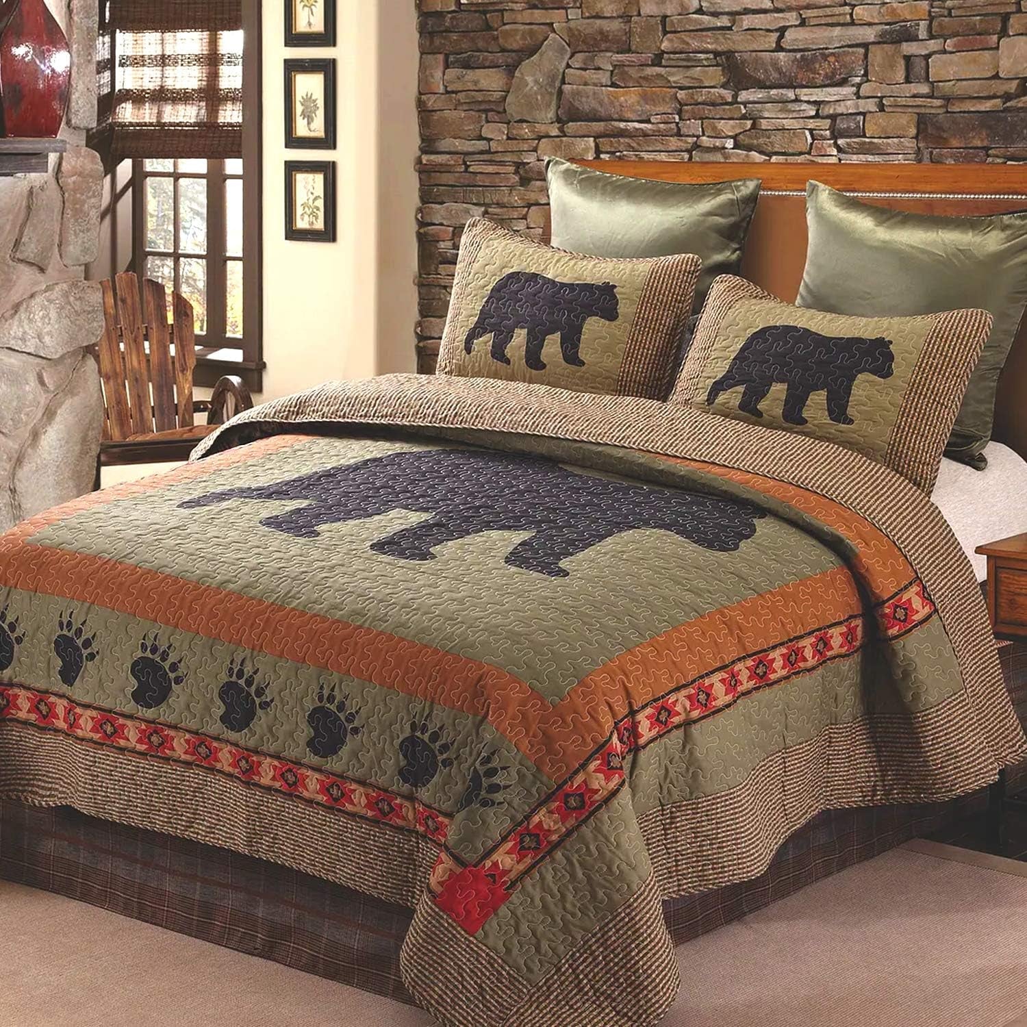 3 Piece King Cabin Quilt Bedding Set - Bear and Paw - Rustic Country Reversible Patchwork Comforter Set with Decorative Pillow Shams