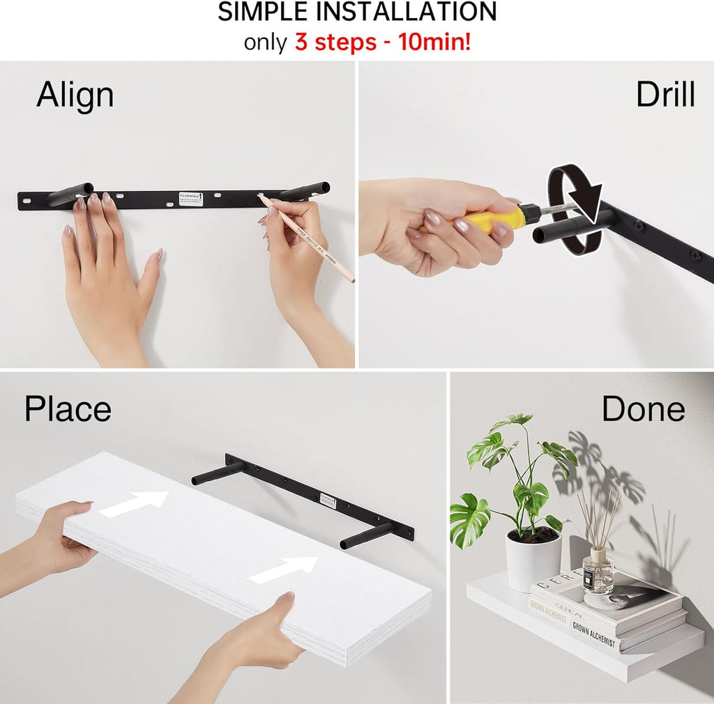 Floating Shelves White, 22.5 Inch Rustic Wood Wall Mounted Shelves for Bathroom, Bedroom, Living Room, Kitchen & Office, Hanging Shelf Deocr Display with 22 Lbs Capacity, Set of 2